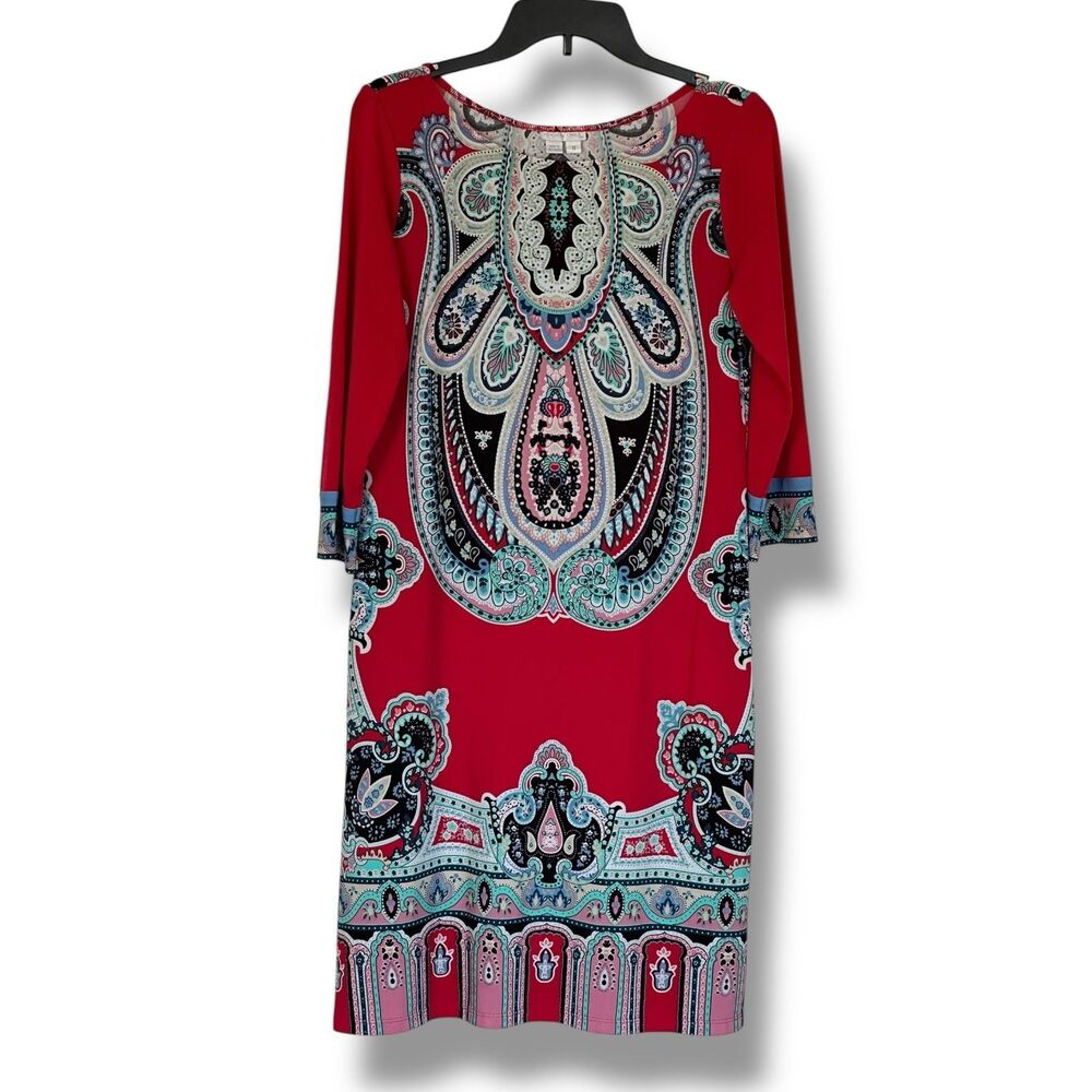 London Times Tunic  Shift Dress Long Sleeve Boho Paisley Red Size 8